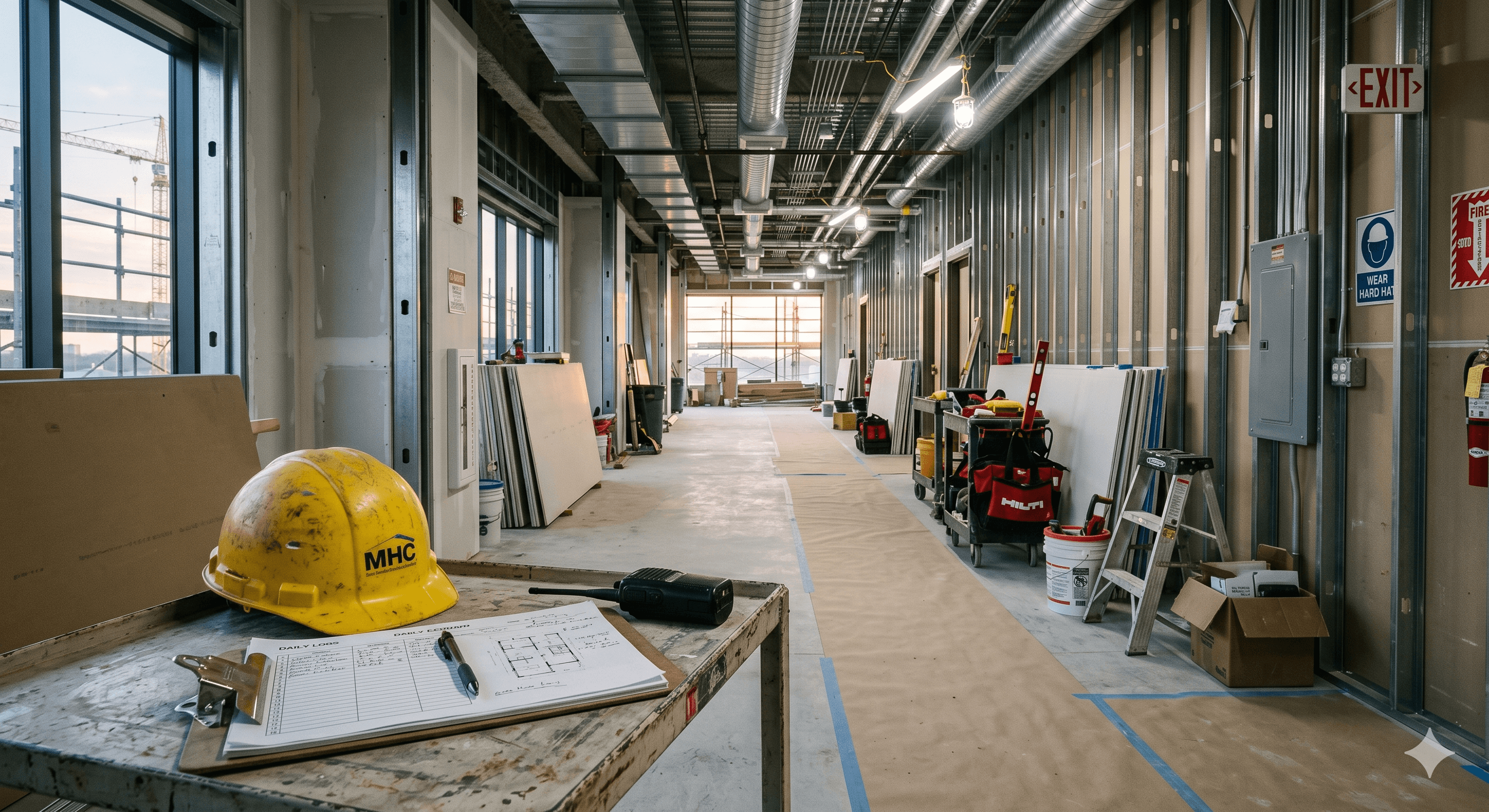 A healthcare facility hallway with temporary construction barriers dividing an active renovation zone from an operational clinical corridor.