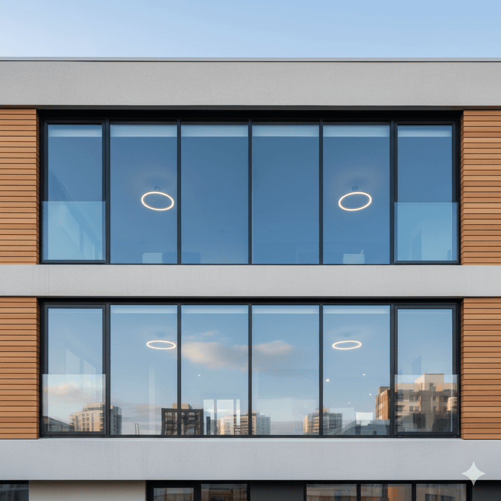 A modern house with large windows and a flat roof, surrounded by greenery against a clear blue sky.