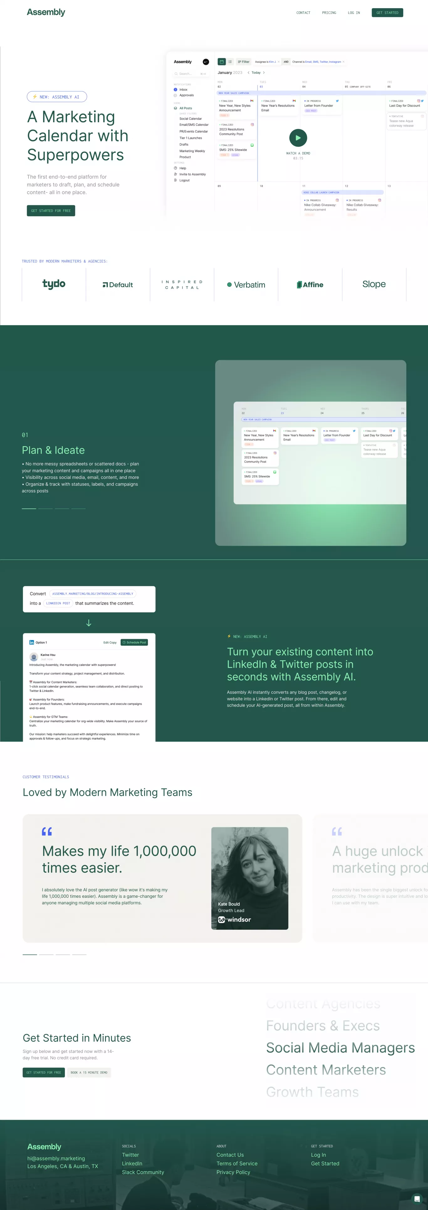 Assembly landing page screenshot showcasing Tech and Marketing design