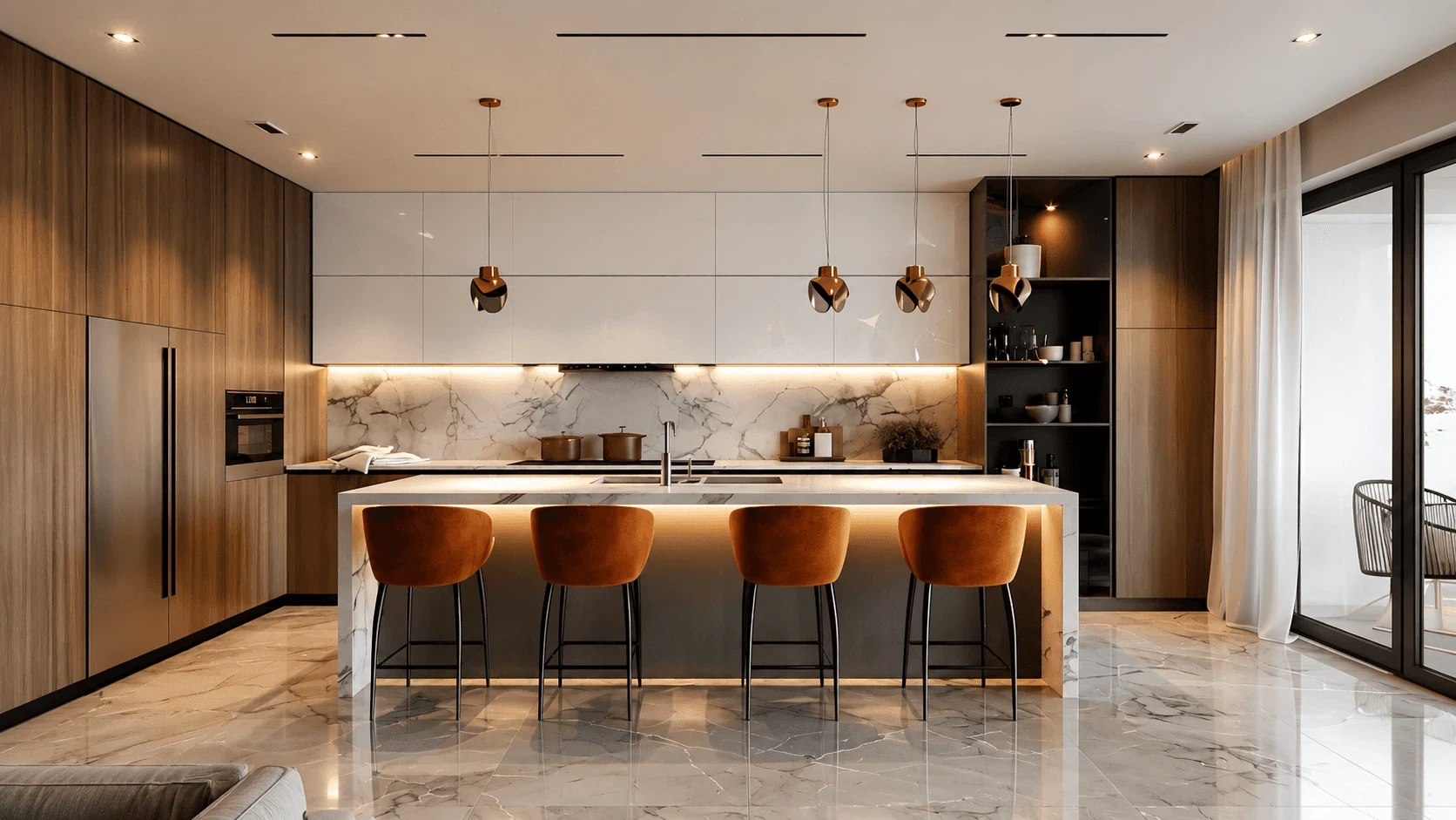 Modern kitchen with marble floors,  wooden cabinets,  a sleek island with four orange barstools