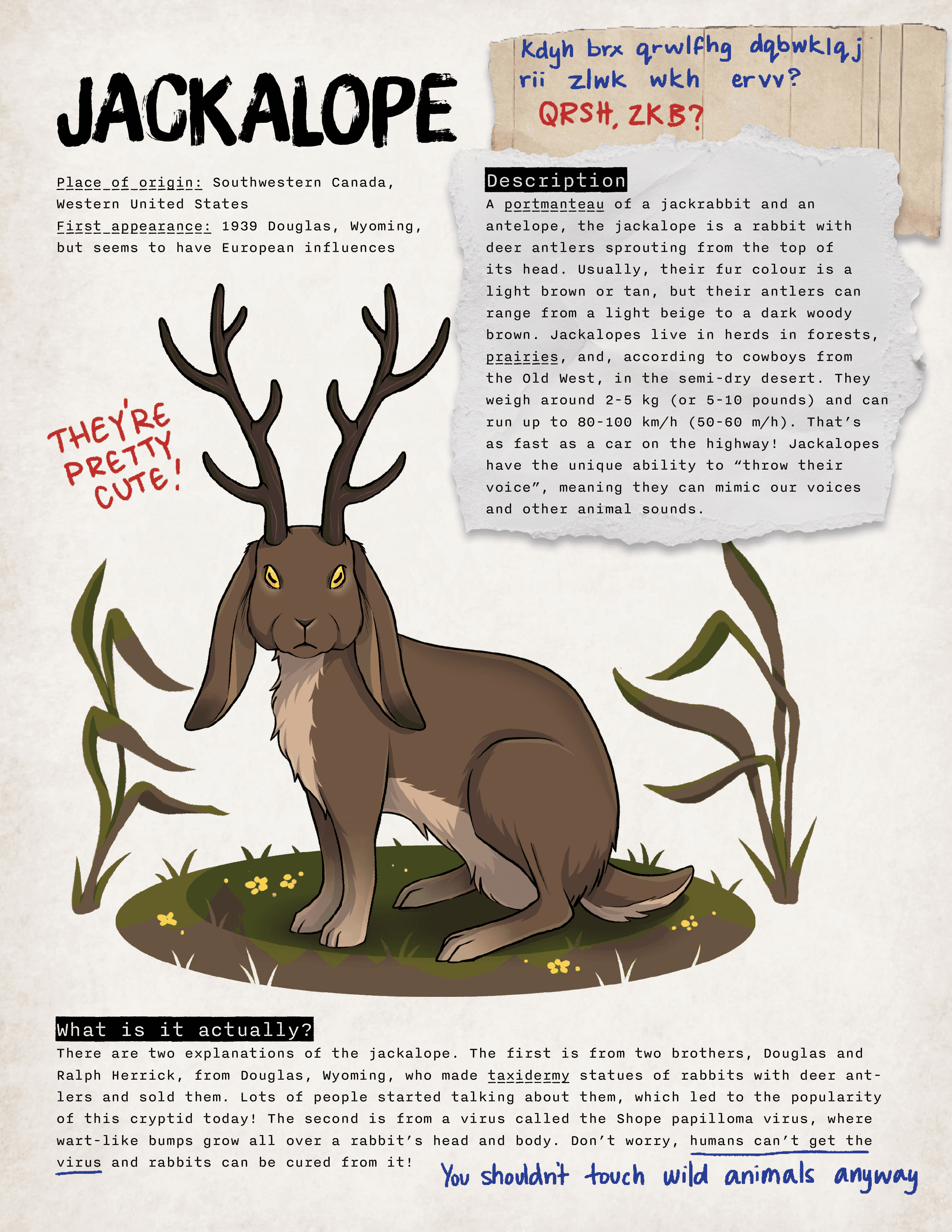 Two pages of the activity book. Left is the editor's note, right is an info page about the jackalope