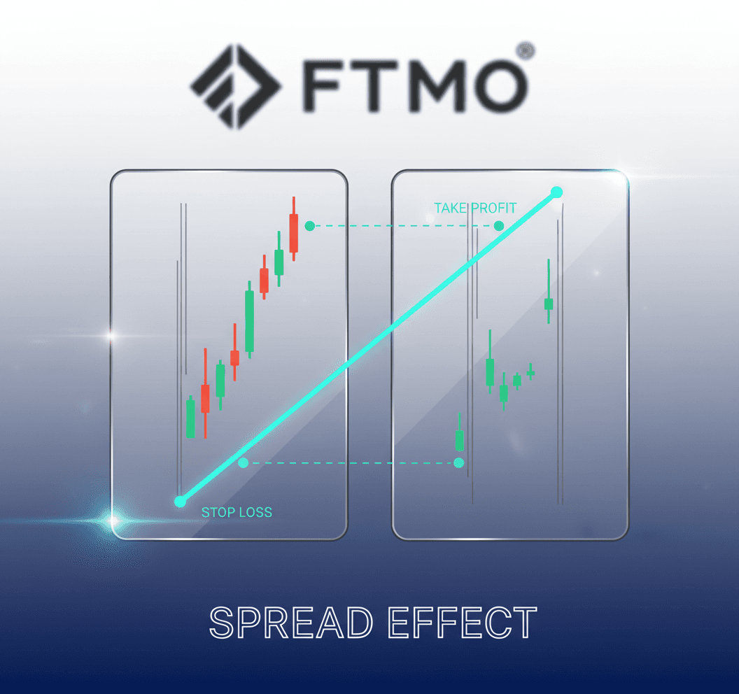 Glassmorphic panels demonstrating take profit and stop loss offset between two brokers due to different spreads