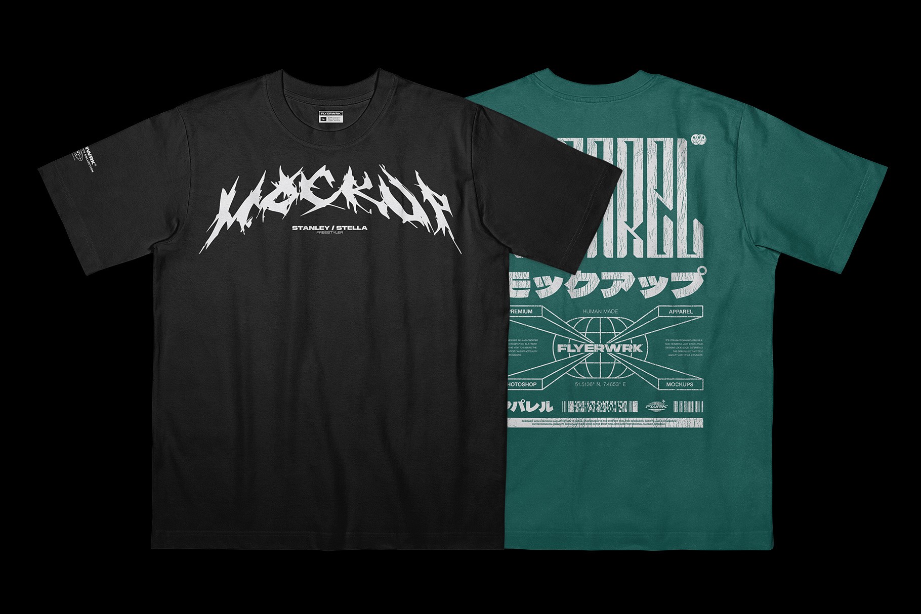 Stanley Stella Freestyler T-Shirt Flat lay mockup showing front and back design preview