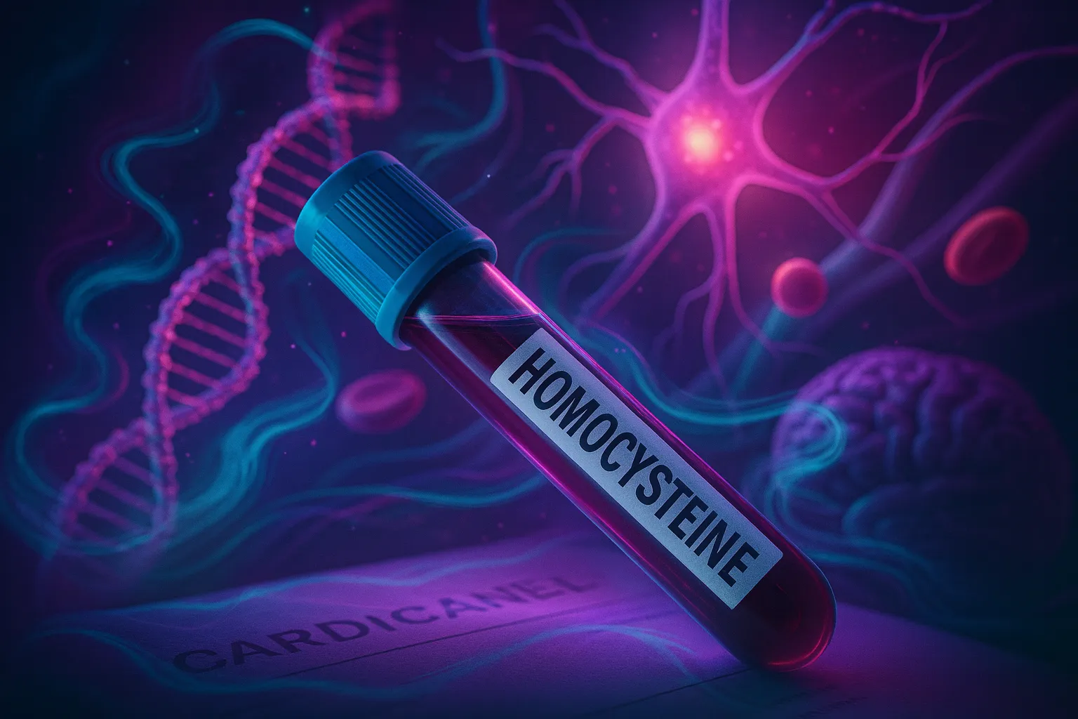 Homocysteine blood tube against a purple scene with DNA helix, neuron, and brain in the background.