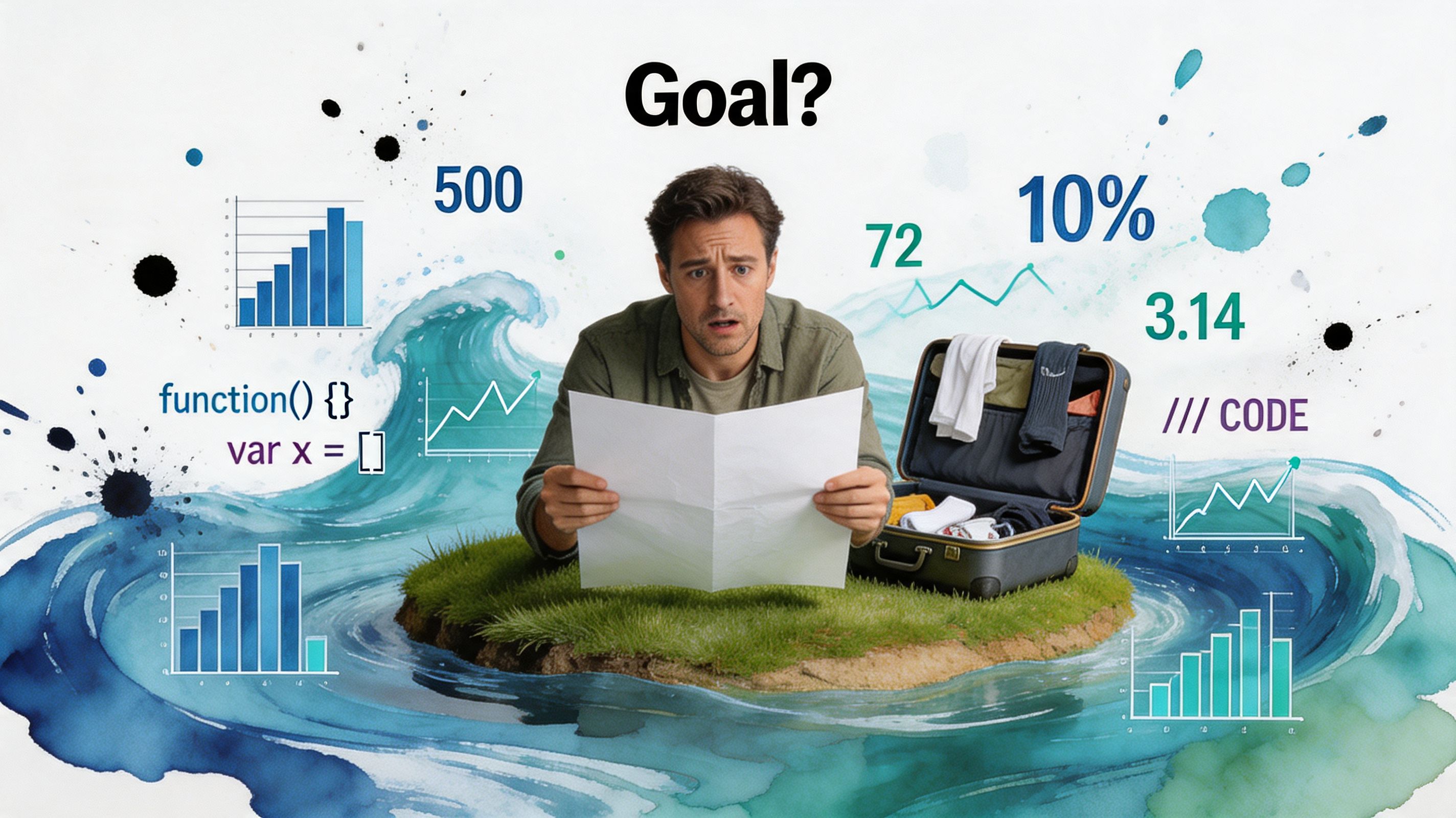 A confused entrepreneur sits on a small island, surrounded by data charts, code snippets, and a packed suitcase.
