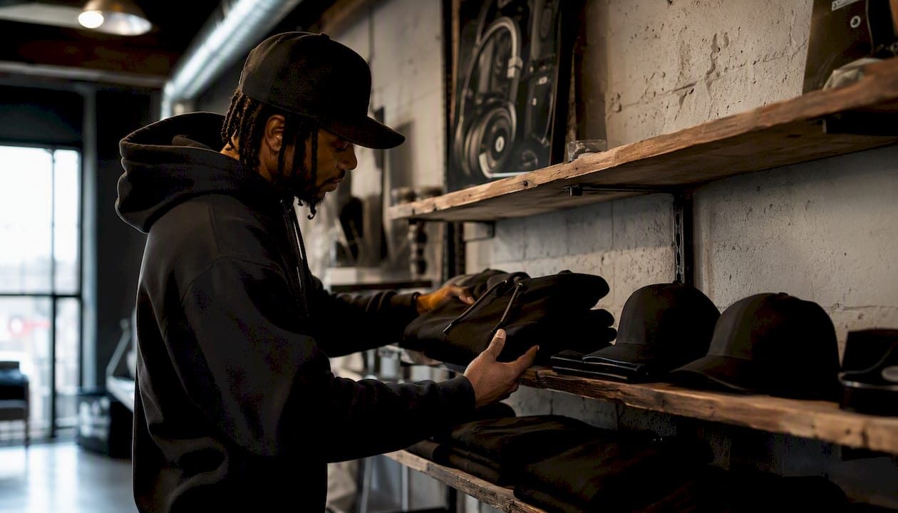 Hands placing branded merch on rack