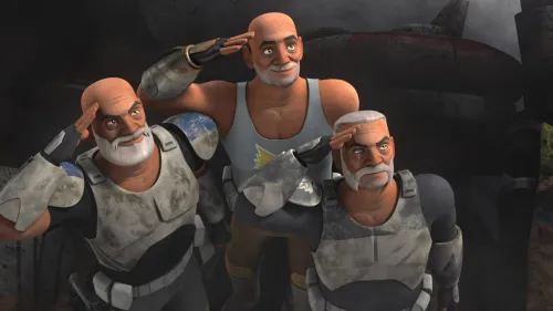 Rex, Wolfe, and Gregor saluting while wearing old worn out Clone armor