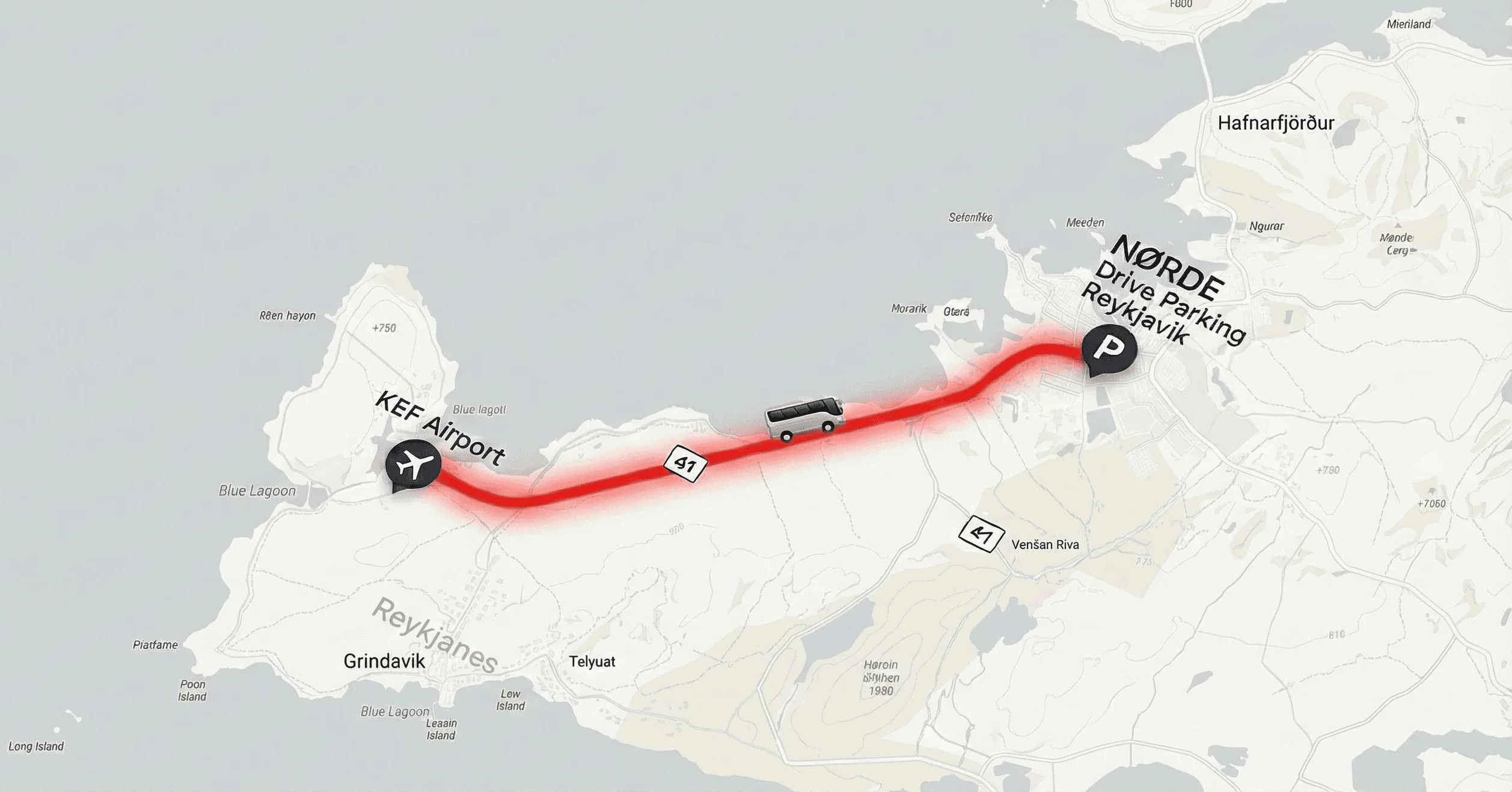 Map showing the driving route from Keflavik Airport to a parking location in Reykjavik.