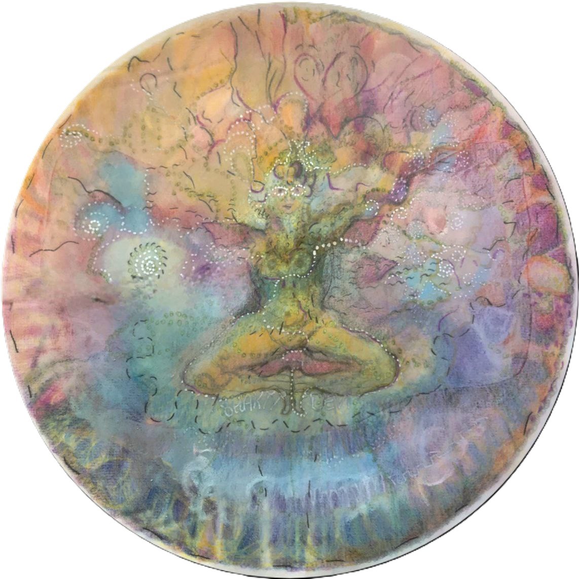 Ein selbst gezeichnetes buntes Mandala mit einer Frau die im Yogasitz/ Lotussitz in der Mitte sitzt