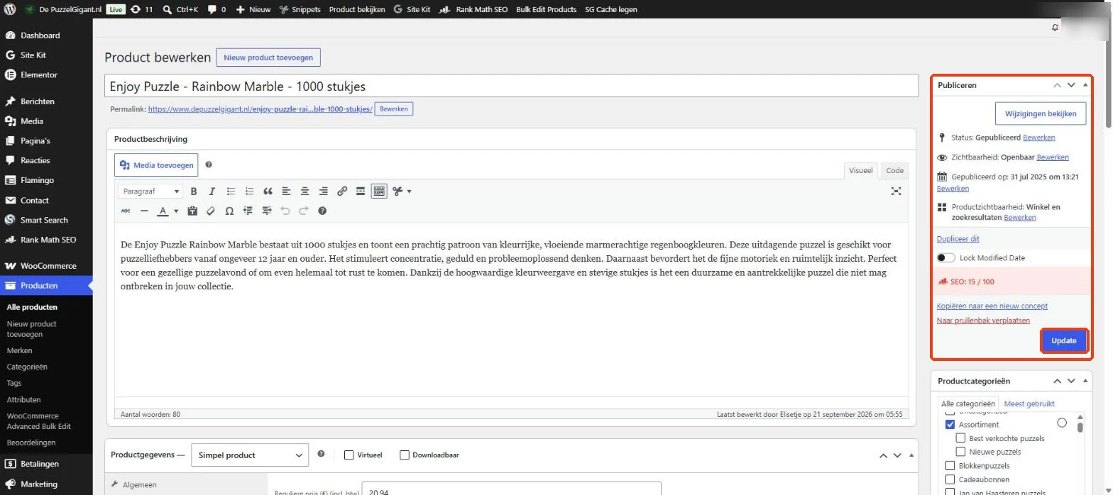 WooCommerce: het vak Publiceren met de knop rechtsonder