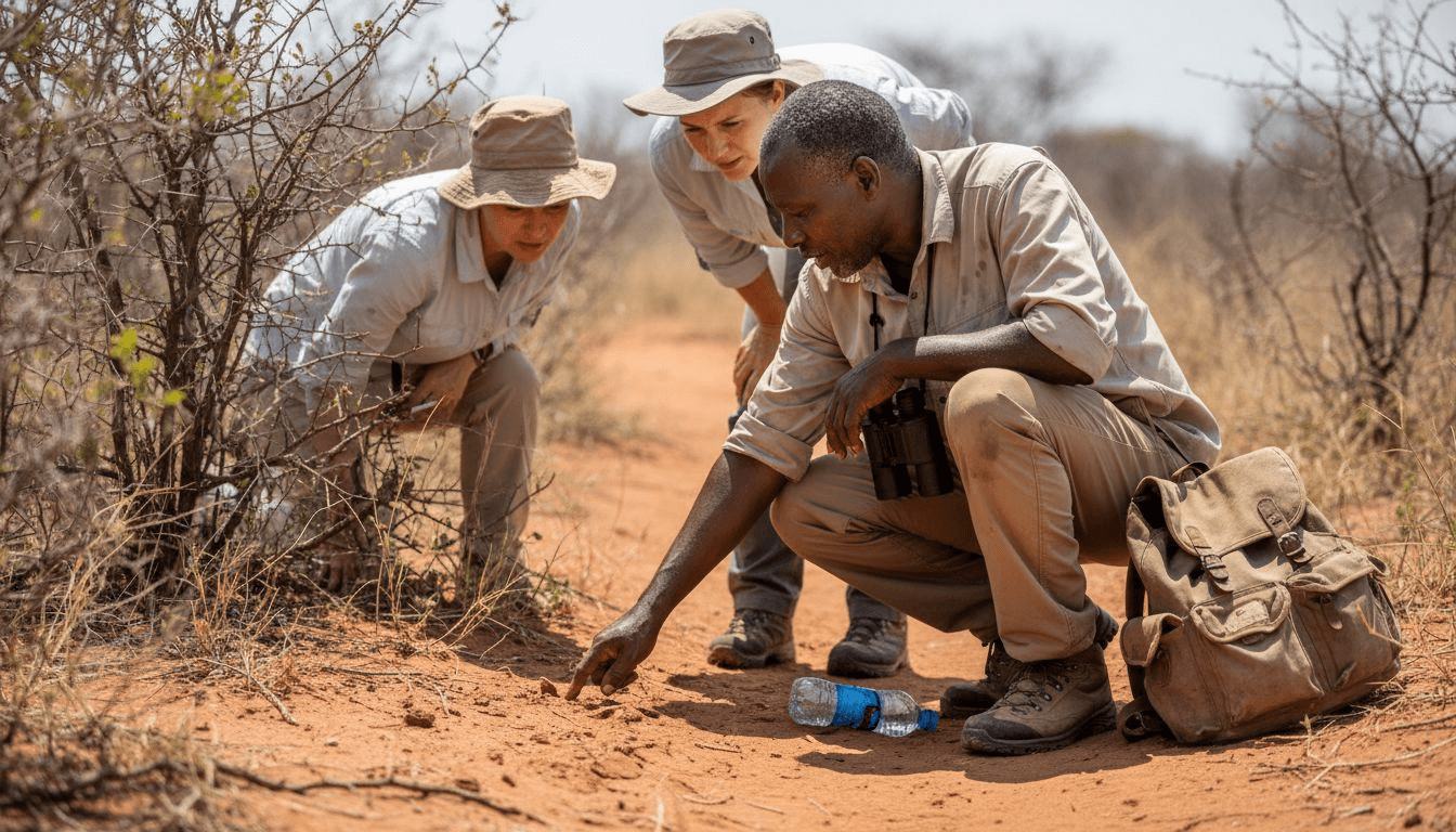 El guía del safari muestra las huellas de los animales al grupo y les explica cómo identificarlas en la naturaleza.