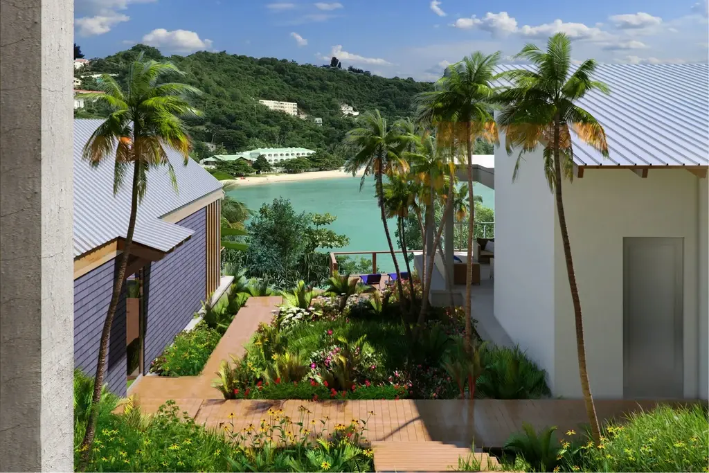 3D rendering of waterfront residential compound with tropical gardens and bay views in St. Lucia