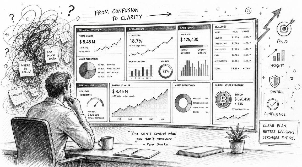 A professional looking at a digital dashboard that transforms financial complexity into clear, actionable data insights.