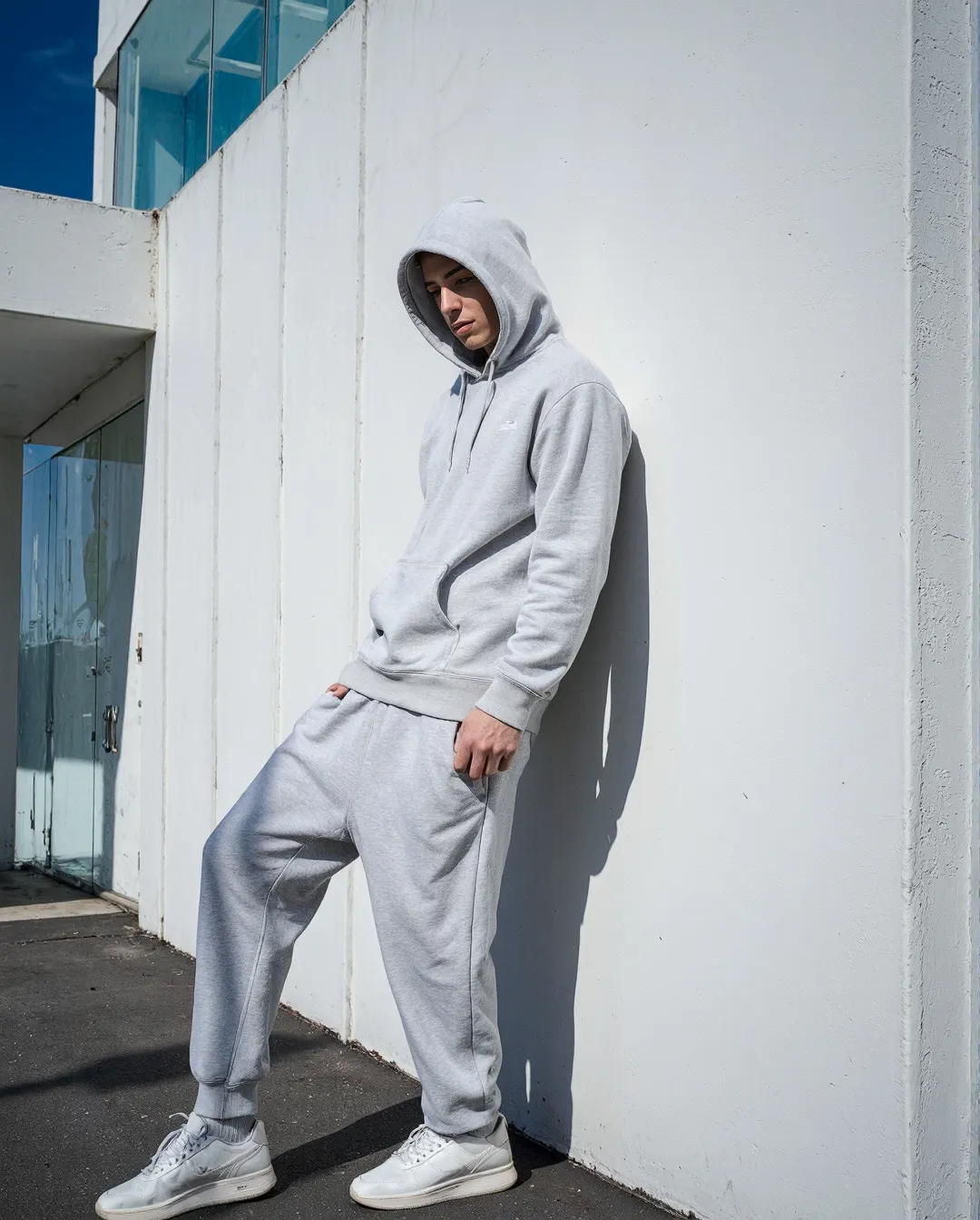 Person in grey hoodie and sweatpants standing against white wall with dramatic shadows, showcasing minimalist street style fashion