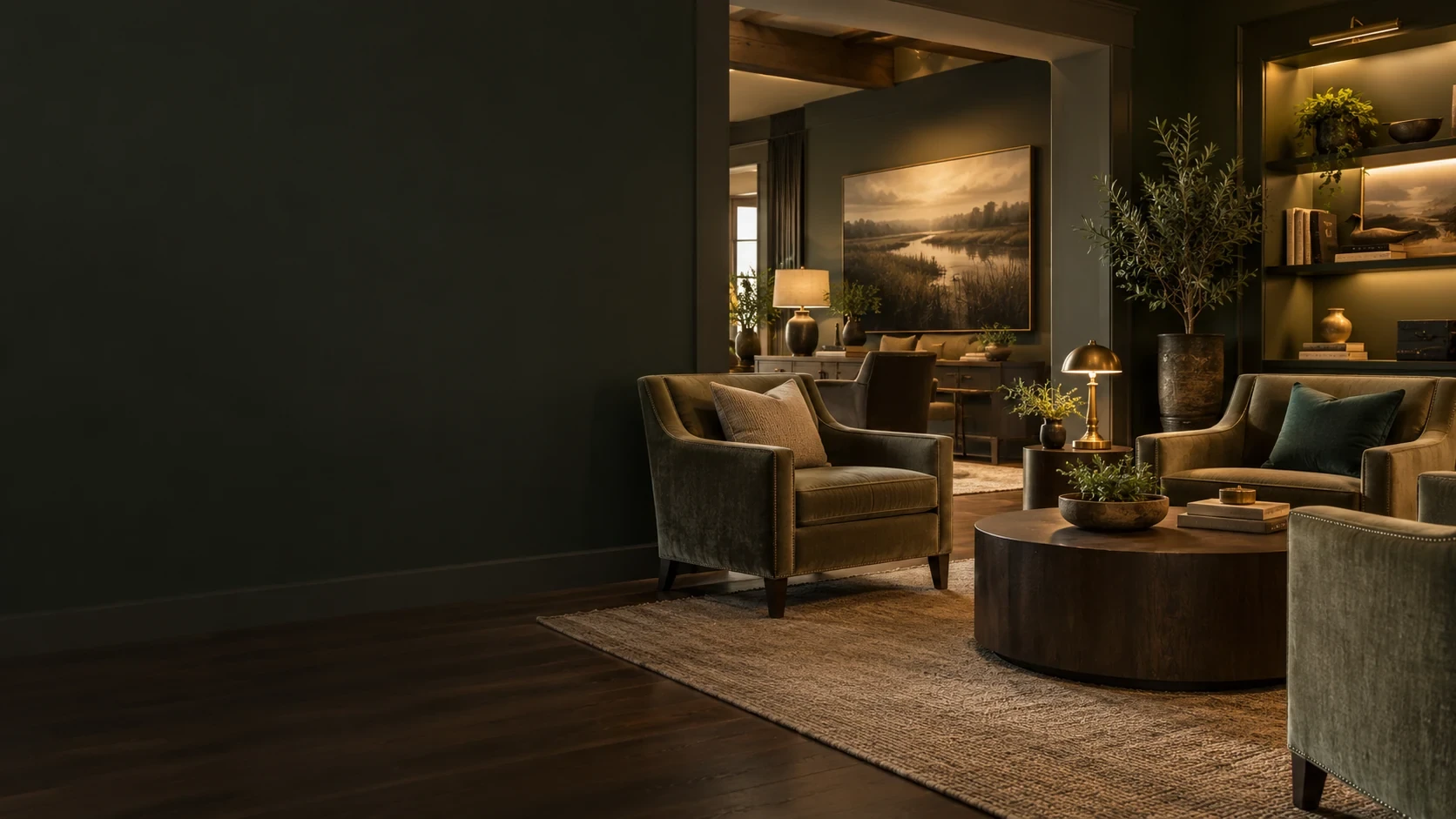 Two velvet armchairs beside a low wooden table in a lamp-lit lounge, with a framed marsh landscape on the wall behind them.