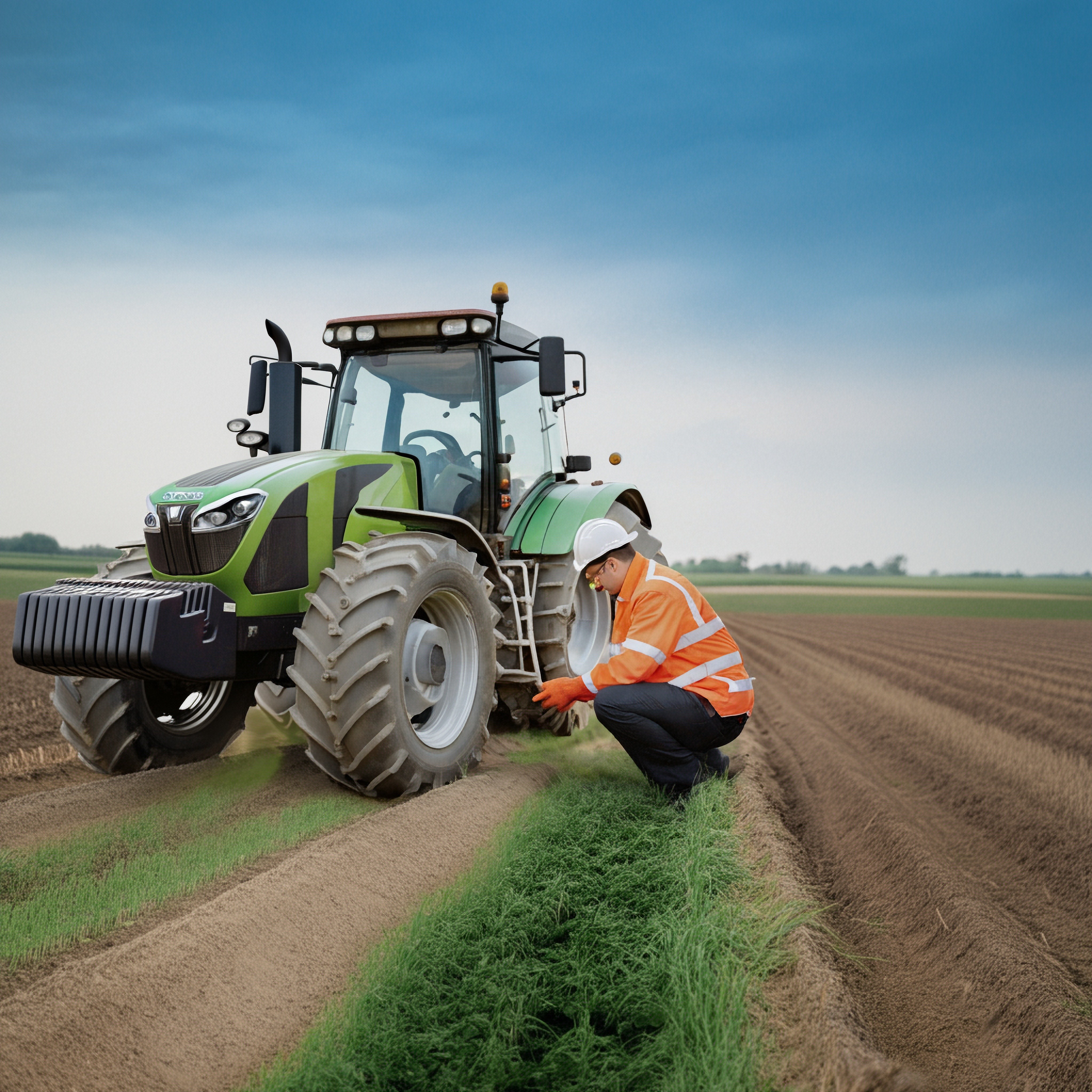 An agricultural engineer fixing a tractor in a field