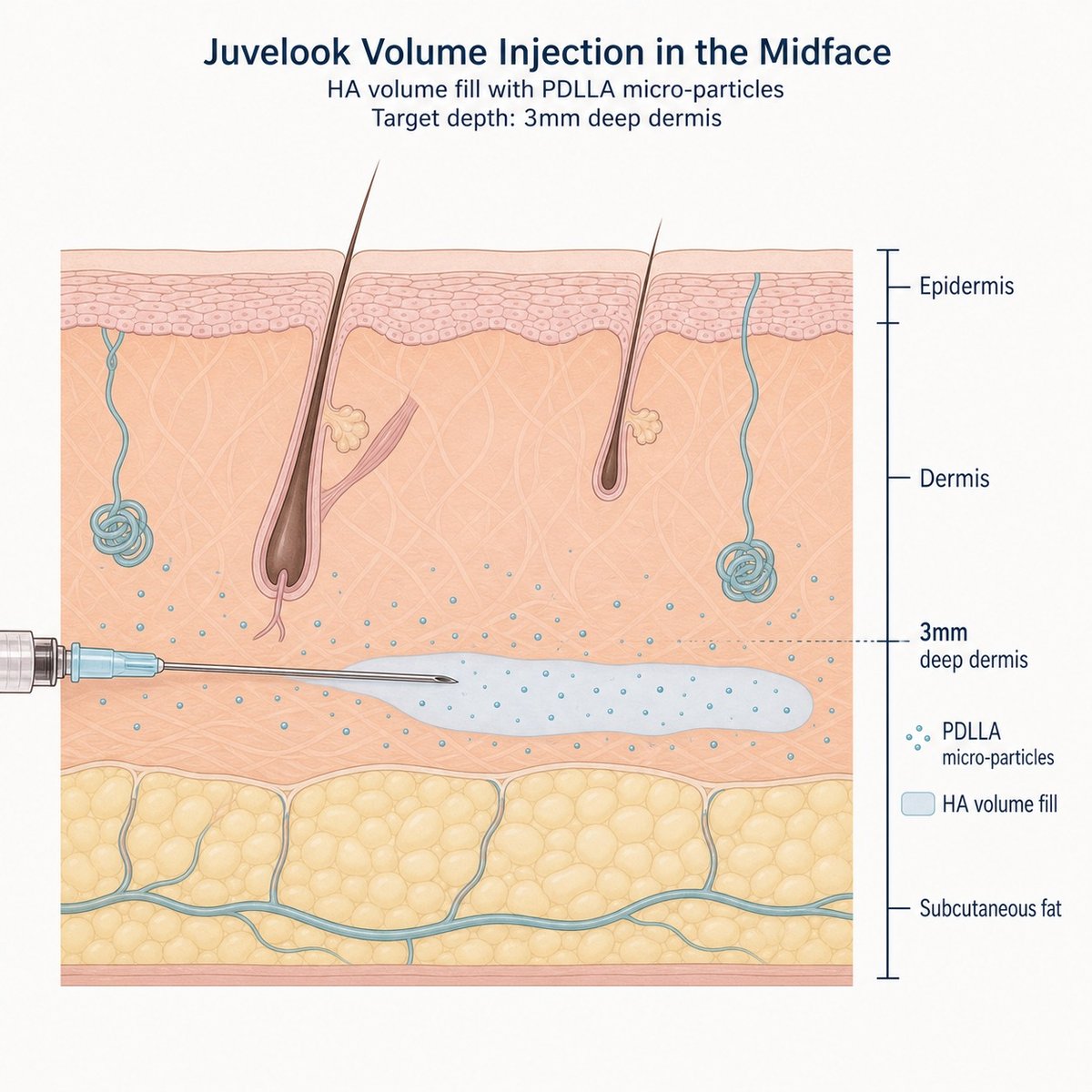Diagram of Juvelook Volume injection into the cheek showing HA volume fill and PDLLA collagen-stimulating particles in the deep dermis and subcutaneous fat layer