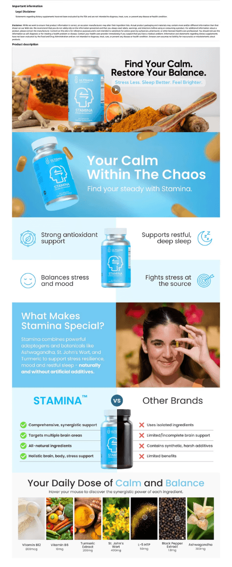 Portfolio showcase of a completed wellness supplement website featuring blue product branding, ingredient highlights, lifestyle imagery, and educational sections focused on calmness, balance, and daily wellness support.