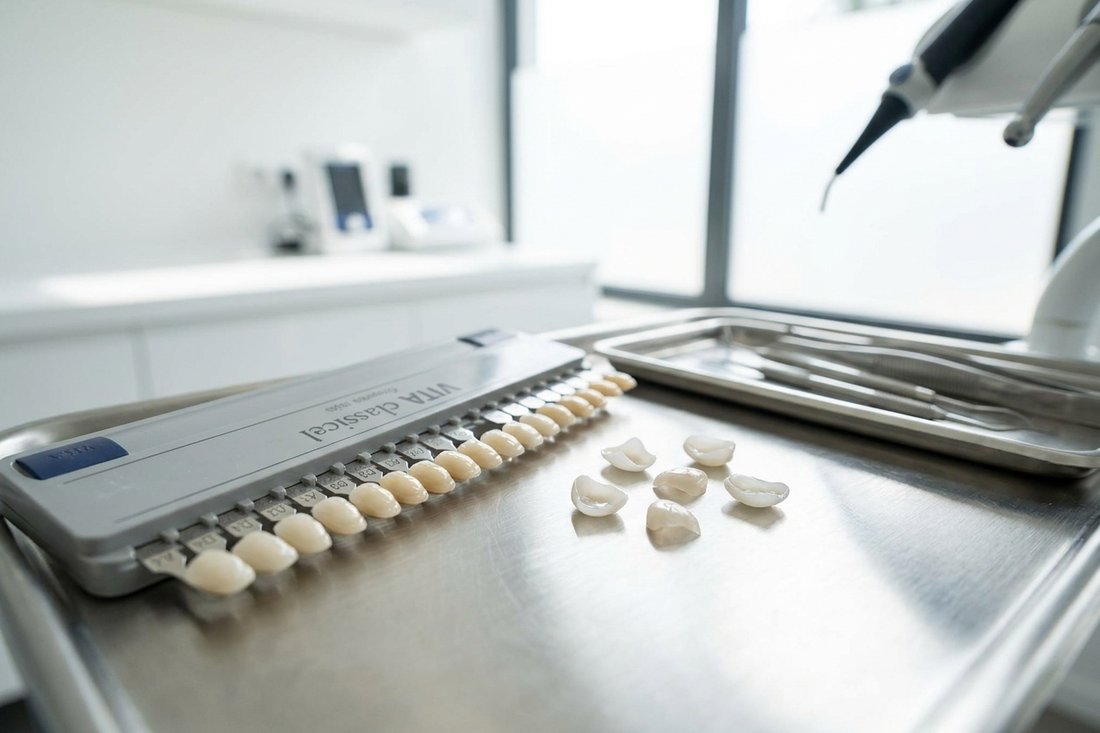Tooth shade guide beside porcelain veneer shells on a dental tray