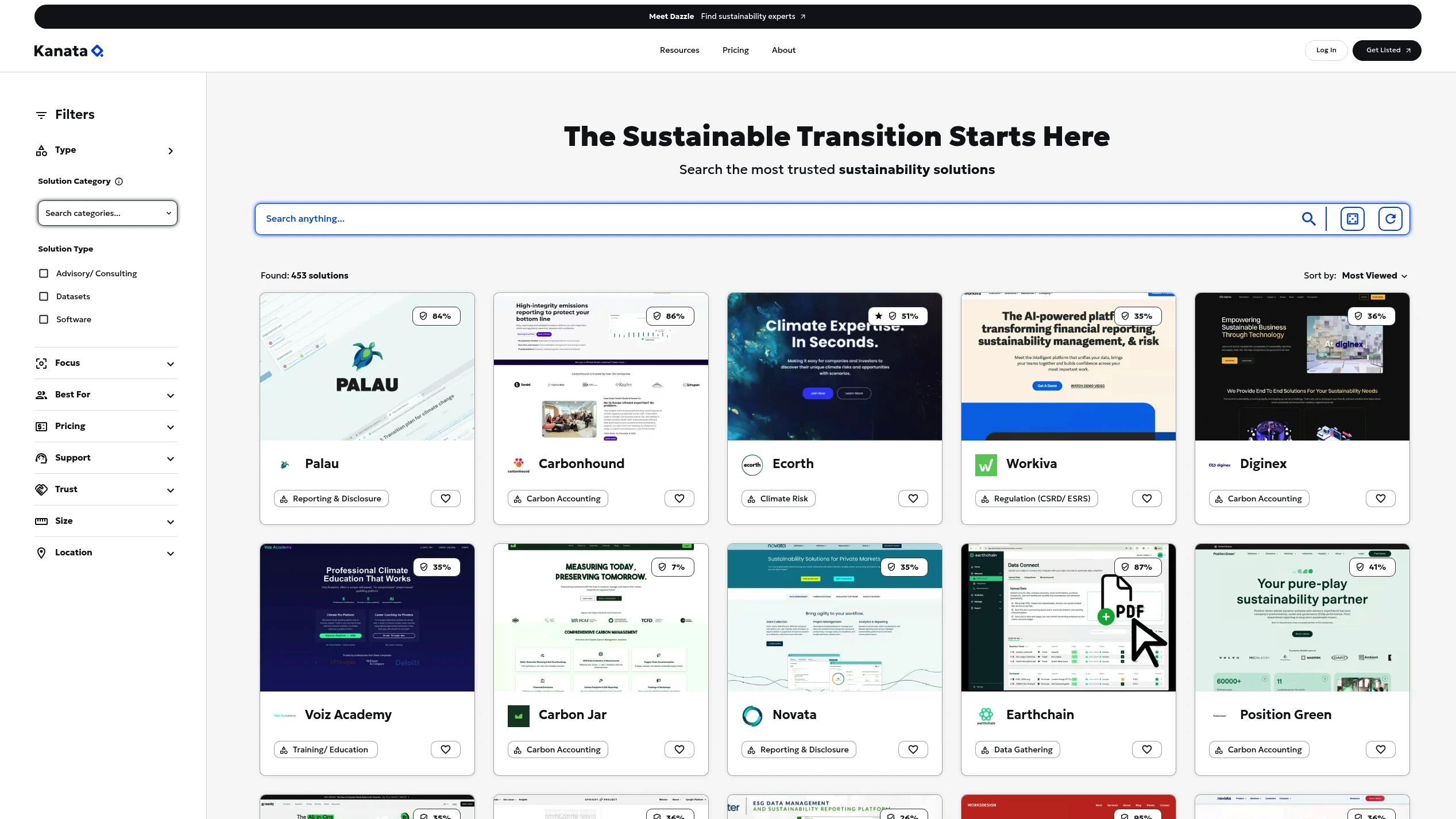 KanataQ solution search page headed 'The Sustainable Transition Starts Here — Search the most trusted sustainability solutions,' with a filter sidebar (Type, Solution Category, Focus, Best For, Pricing, Trust, Size, Location), a search bar, and a grid of 450 solution cards including Palau, Carbonhound, Workiva, Ecorth, Carbon Jar, Diginex, Earthchain, Voiz Academy, Position Green, and Novata — each showing a trust score and category.