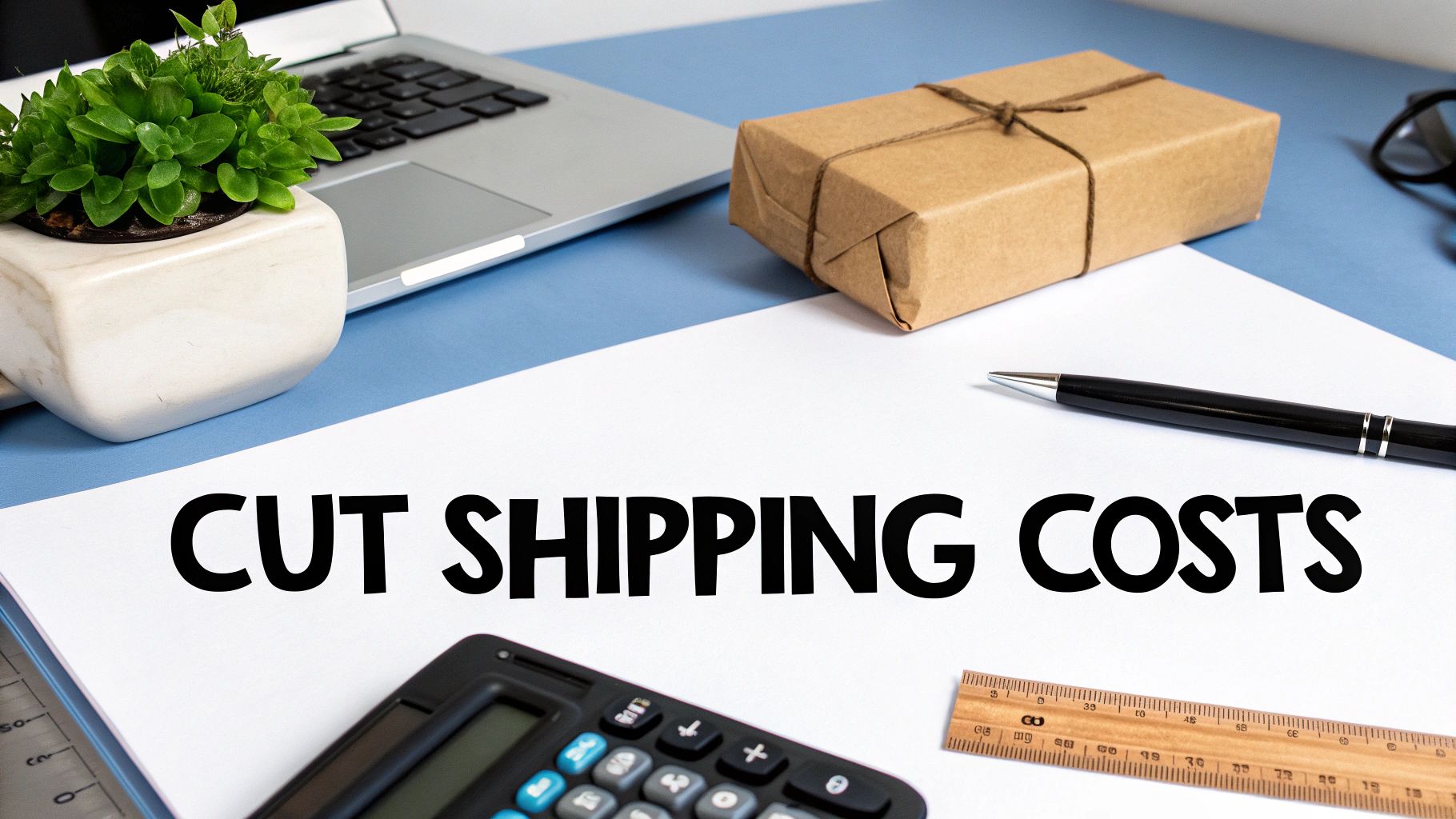 A person using a calculator next to a small stack of packages, symbolizing the calculation of shipping costs