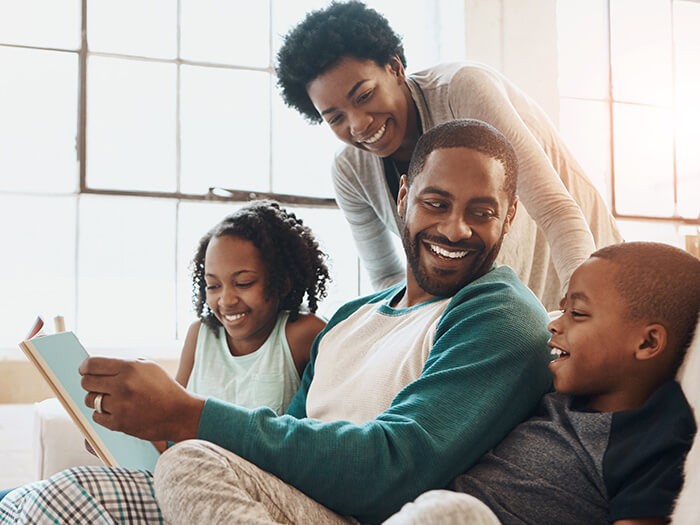 happy family on couch