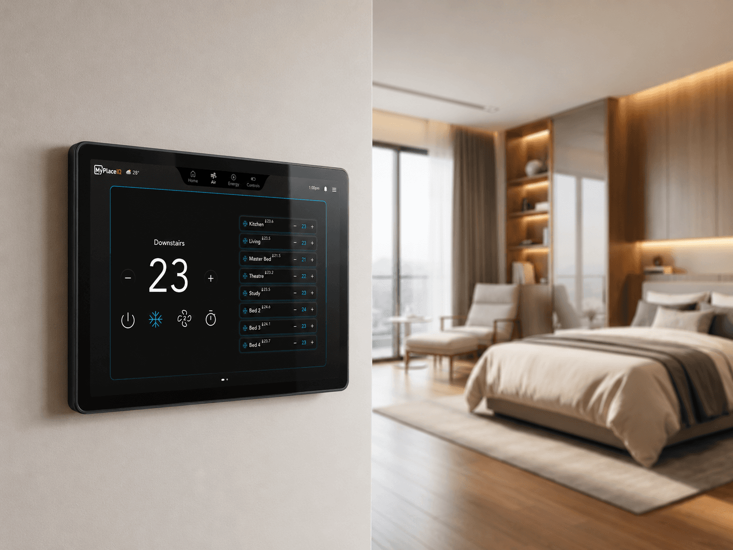 MyPlaceIQ smart air conditioning touchscreen controlling bedroom climate and home comfort zones