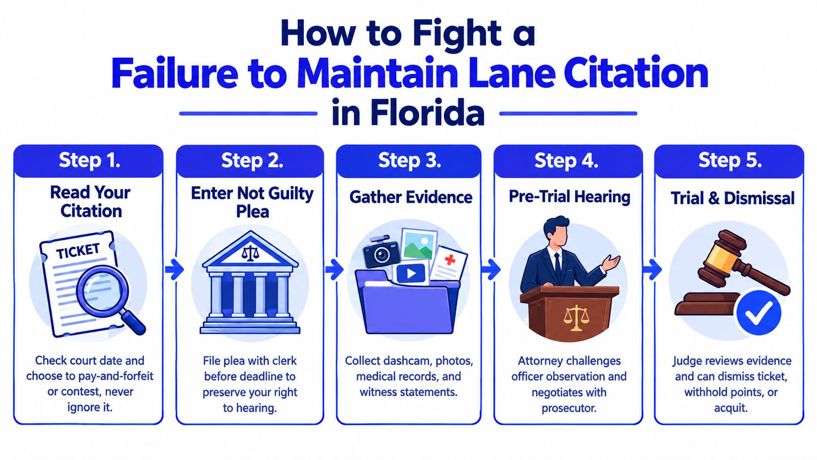 A five step infographic explaining how to contest a failure to maintain lane ticket in Florida court.