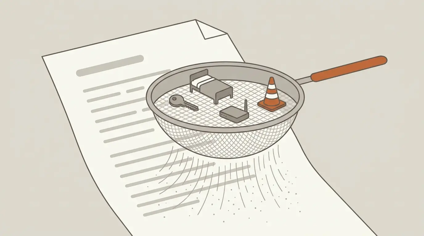 An illustration of a page of writing being sifted, the writing falling through the mesh as dust while a key, a bed, a router and a parking cone stay caught on top.
