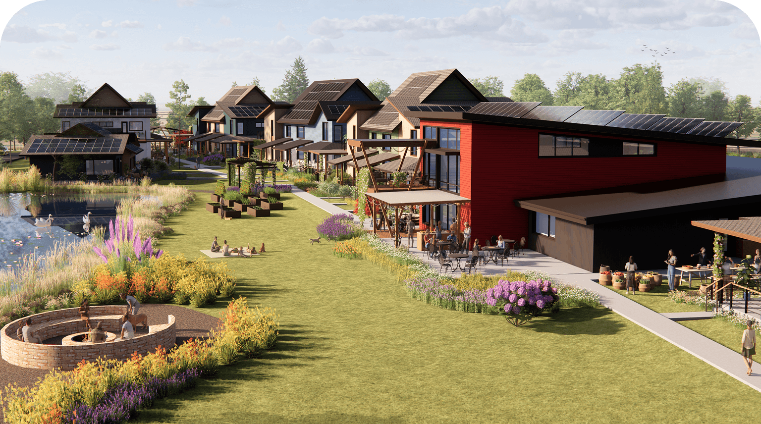 Rows of crops growing under protective covers on a working farm.