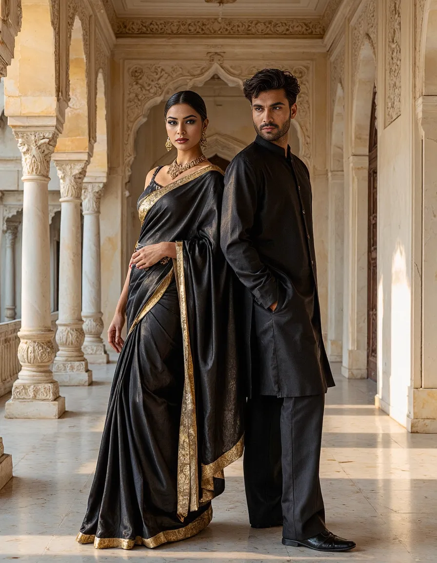 Elegant couple in traditional black Indian attire with gold accents photographed in a historic corridor with ornate pillars and arches