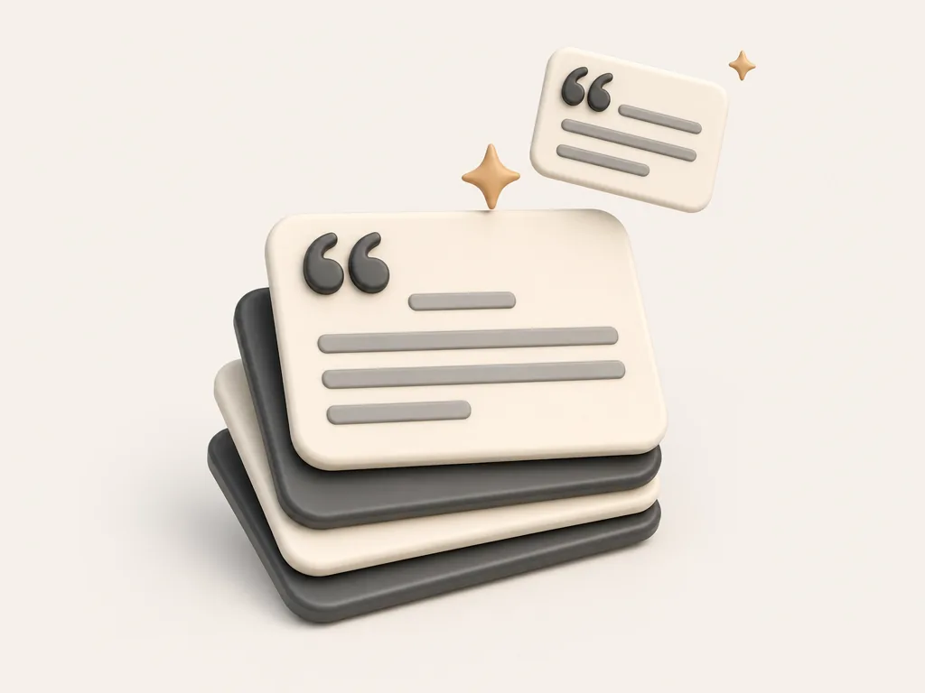 3D stack of article cards with quotation marks and a sparkle lifting a quote