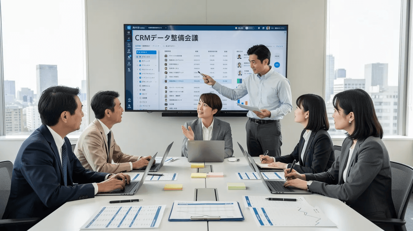 会議室でCRMデータ整備について話し合うチームの写真です。メンバーは顧客情報を一元管理するためのツールやデータ連携の重要性について意見を交わし、顧客満足度の向上を目指しています。