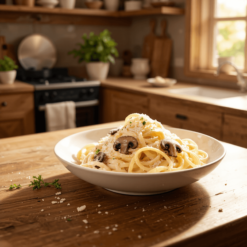 product photography of a plate of creamy pasta with mushrooms and herbs