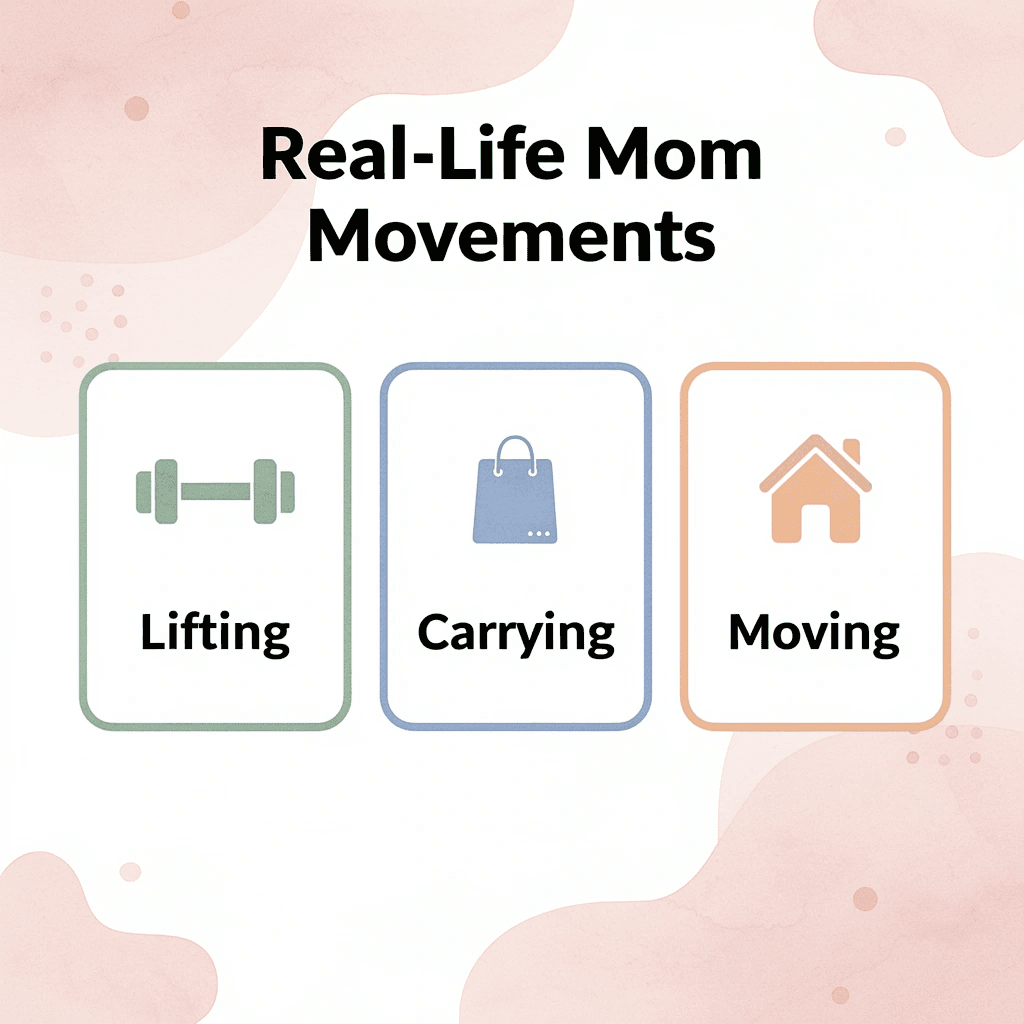 Infographic showing three real-life mom movements: lifting, carrying, and moving