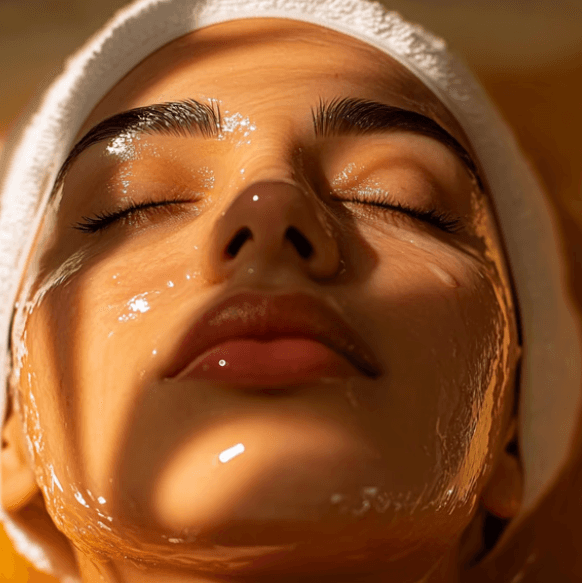 Close-up portret van een vrouw met stralende gehydrateerde huid die comfortabel ligt op een witte spa-bed. Ze heeft haar ogen gesloten en ziet er sereen uit. Zacht licht valt op haar jukbeenderen. Achtergrond: Een vervaagde minimalistische saloninterieur met gebogen gipswanden en warme beige tinten. Hoge resolutie porie textuur zichtbaar natuurlijke schoonheid. Stijl: Luxe architecturale fotografie 8k resolutie zacht daglicht minimalistisch en luxe neutraal kleurenpalet (Beige Taupe Creme Zacht Goud).