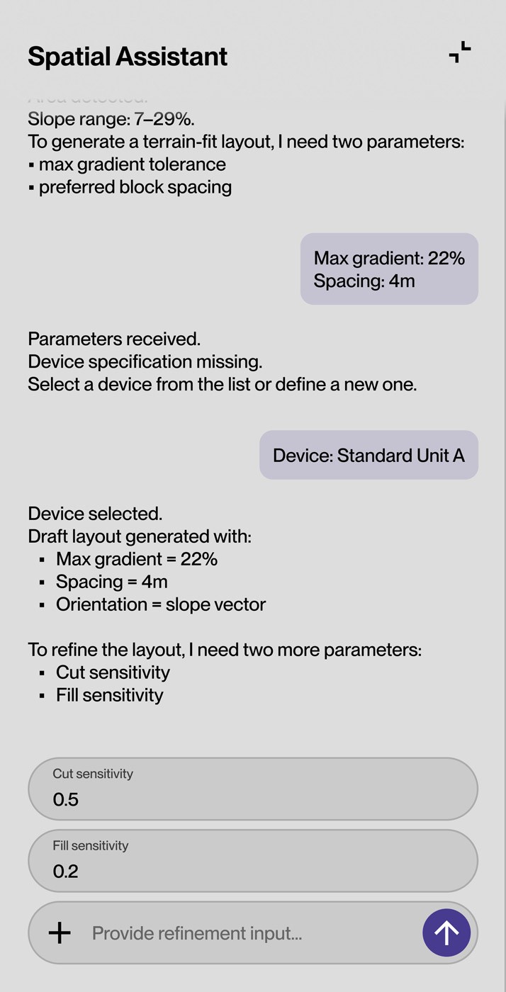 AI-driven assistant prompting for structured parameters and supporting decision-making in a spatial planning workflow.