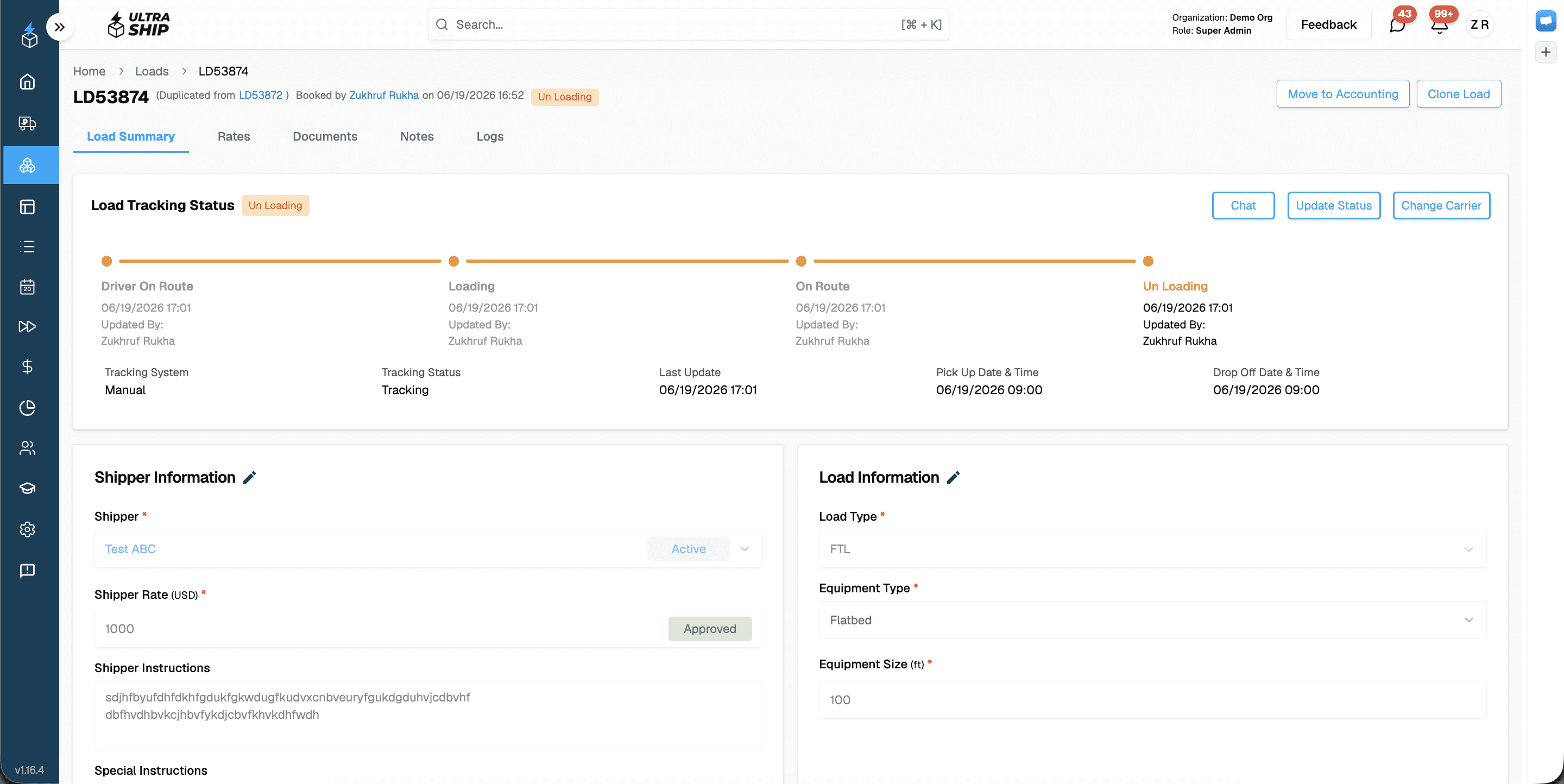 UltraShip freight tracking software providing real-time shipment visibility, location updates, and load tracking inside the TMS.