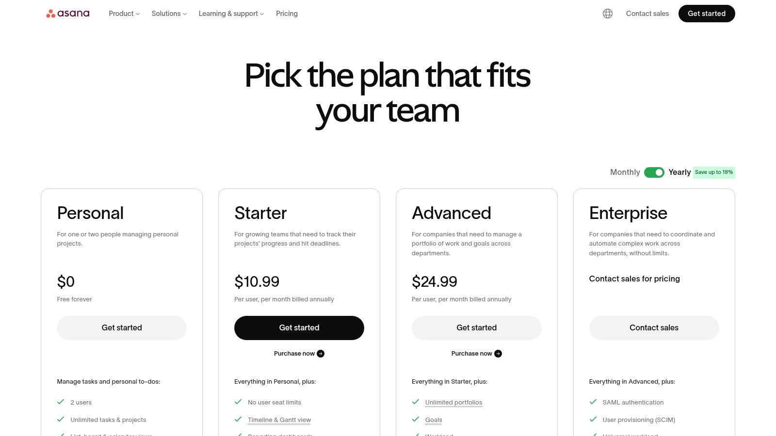 Asana pricing plans showing Basic, Premium, and Business tiers