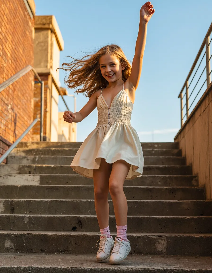 A light cream summer dress twirls on concrete stairs bathed in golden hour sunlight, creating a joyful moment against brick walls