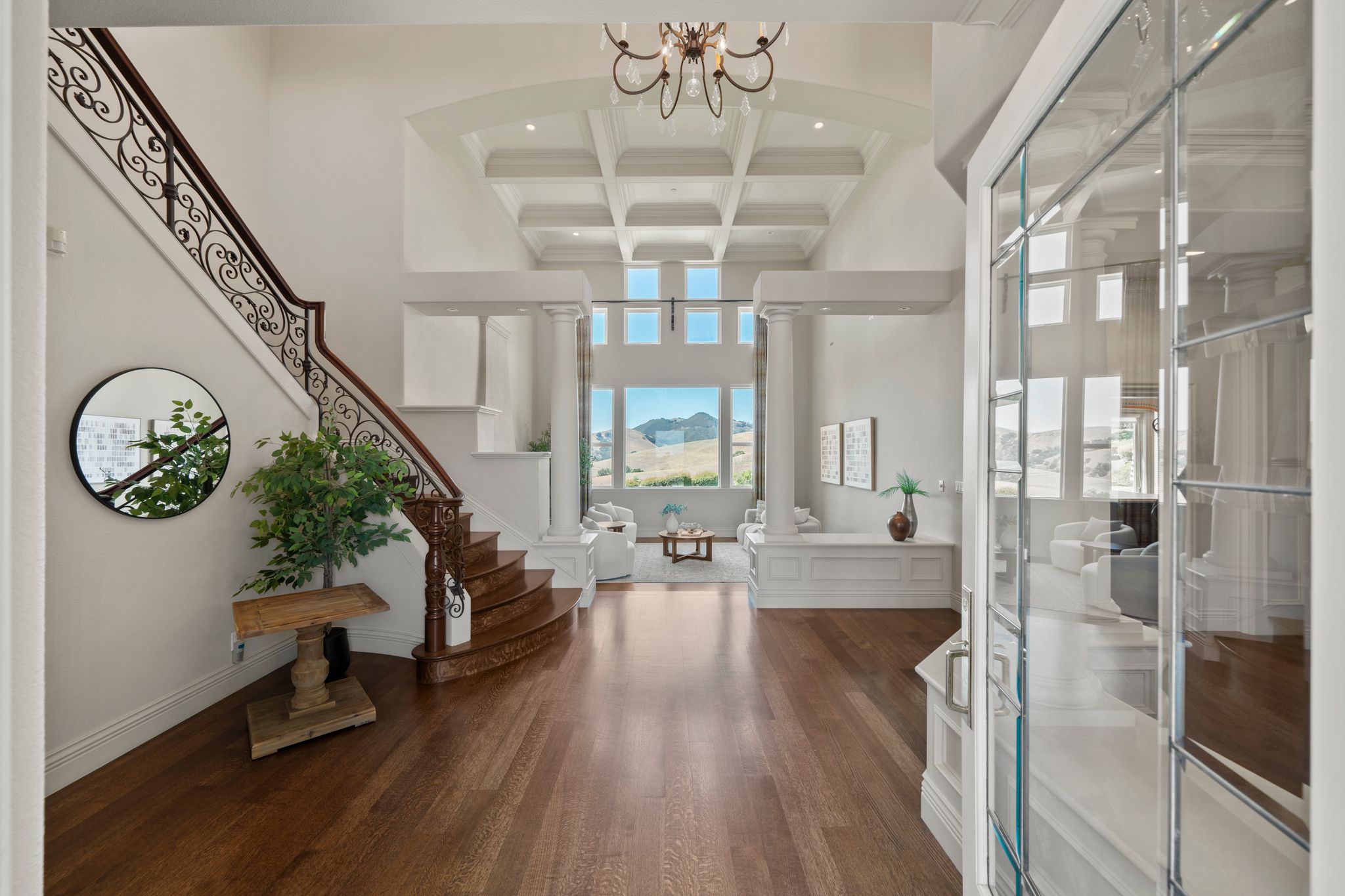 Grand foyer with coffered ceiling and Mount Diablo view at 27 Eagle Ridge Lane in Blackhawk, Danville