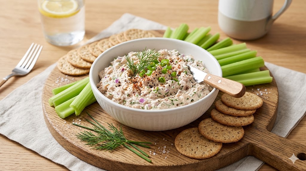 A bright and appetizing snack board featuring a creamy tuna dip made with Greek yogurt, garnished with fresh dill and red onion. The dip is served in a white ceramic bowl and surrounded by whole wheat crackers, crisp celery sticks, and fresh herbs on a rustic wooden serving paddle.