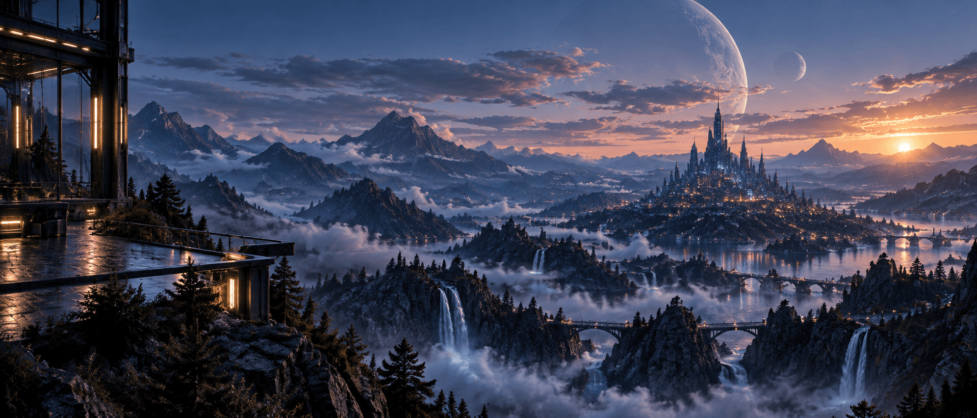 Atmospheric reference of a futuristic mountain city at twilight beneath a vast planet.