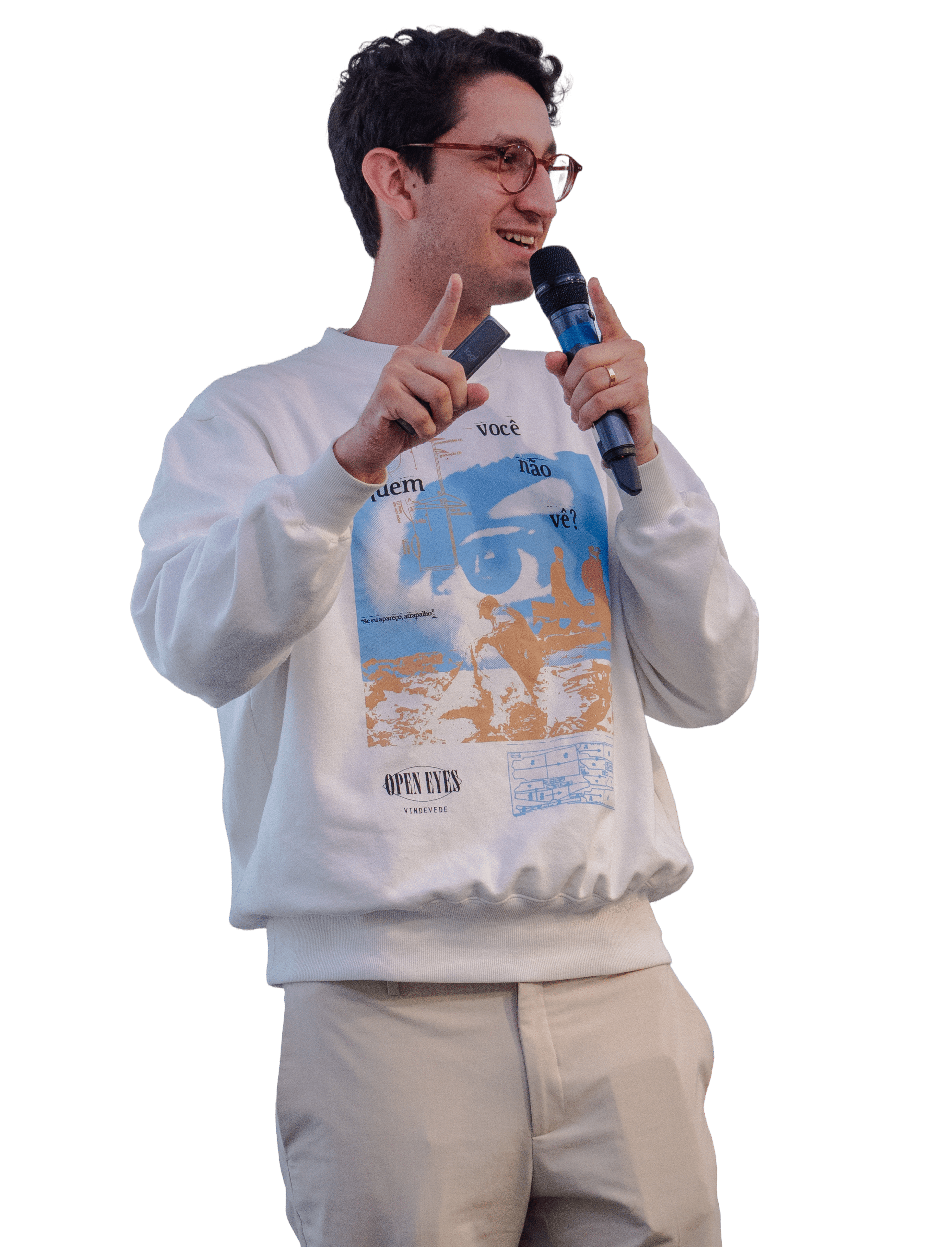 Happy woman in a green sweater holding a phone and looking up