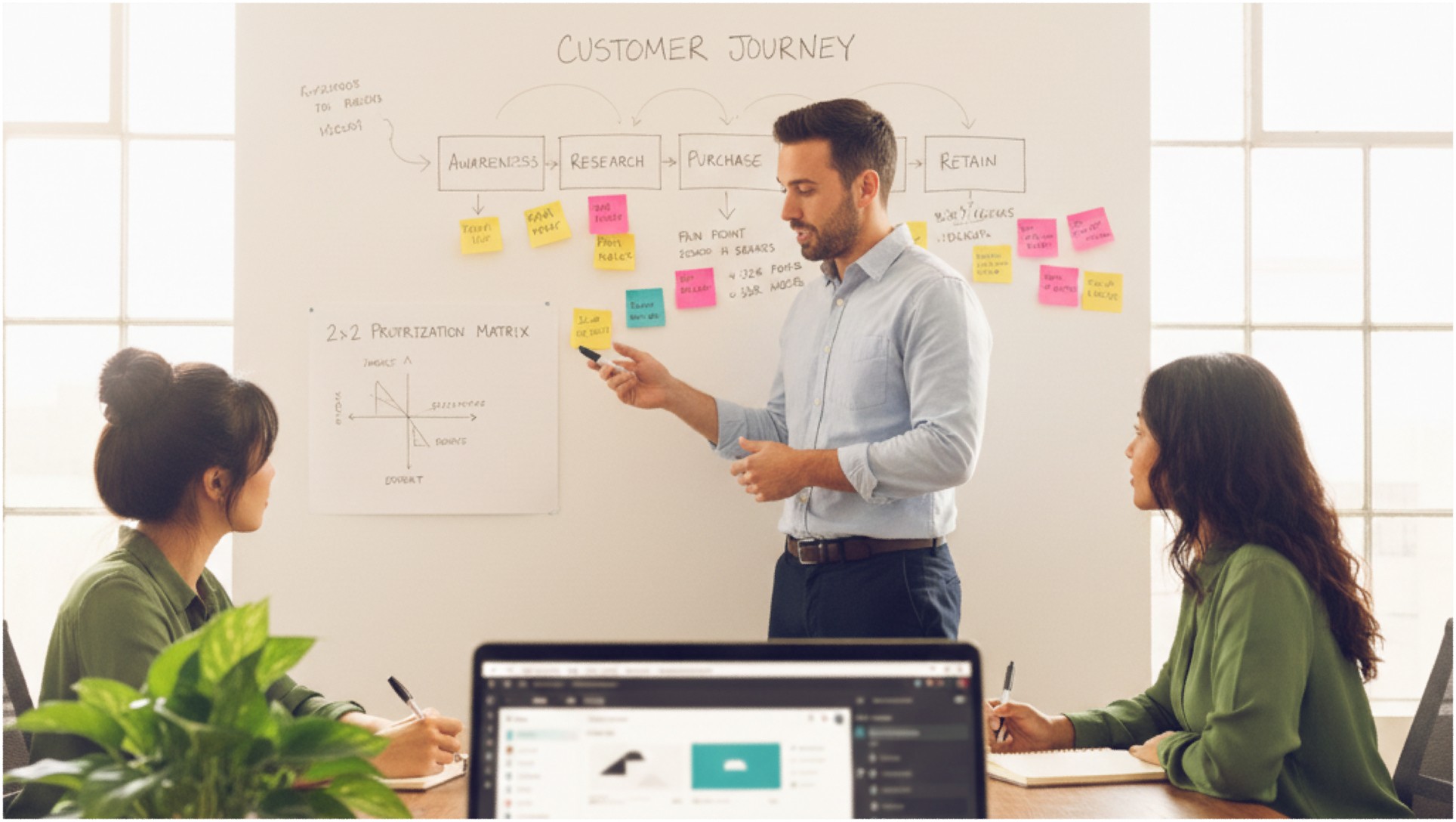 A rear view of a businessman with gray hair examining financial data visualizations on a large display screen. The screen shows line graphs, area charts, and ring diagrams against a dark background. Other colleagues can be seen meeting at a table in the blurred background.