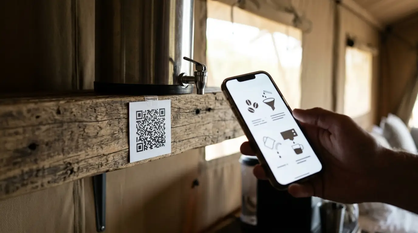 A small square-patterned card taped beside the spigot of a gravity water filter on a timber shelf, with a hand holding a phone up next to it.