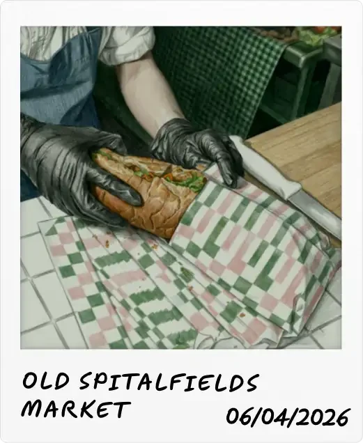 Pho Street Eats Polaroid captioned "Old Spitalfields Market": a vendor in black gloves wrapping a bánh mì in checkered paper.