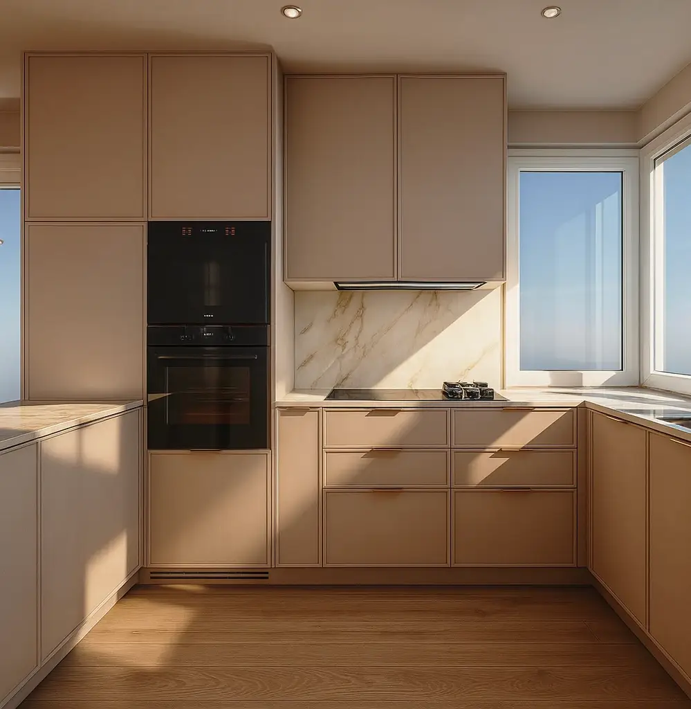 Dom Ślichowice, Kielce, 2025. Wizualizacje 3D. Sypialnia w stylu skandynawski: tapicerowane łóżko, lniane zasłony, ściana z lamelami. Projekt dopasowany do funkcji i ergonomii