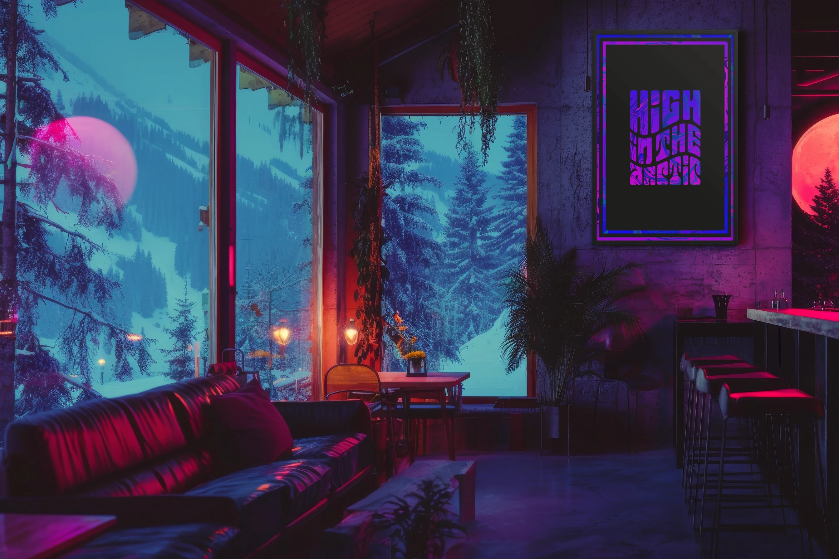 Poster design on the wall inside a ski lodge