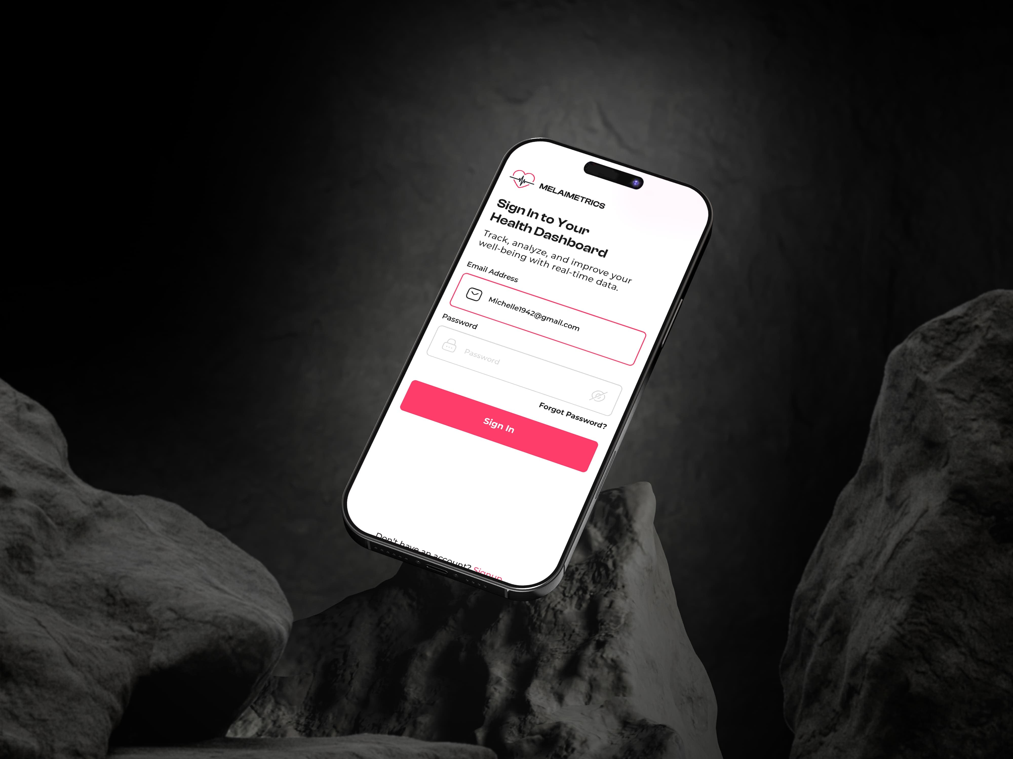 A smartphone displaying an app interface, held against a dark background with textured surfaces.